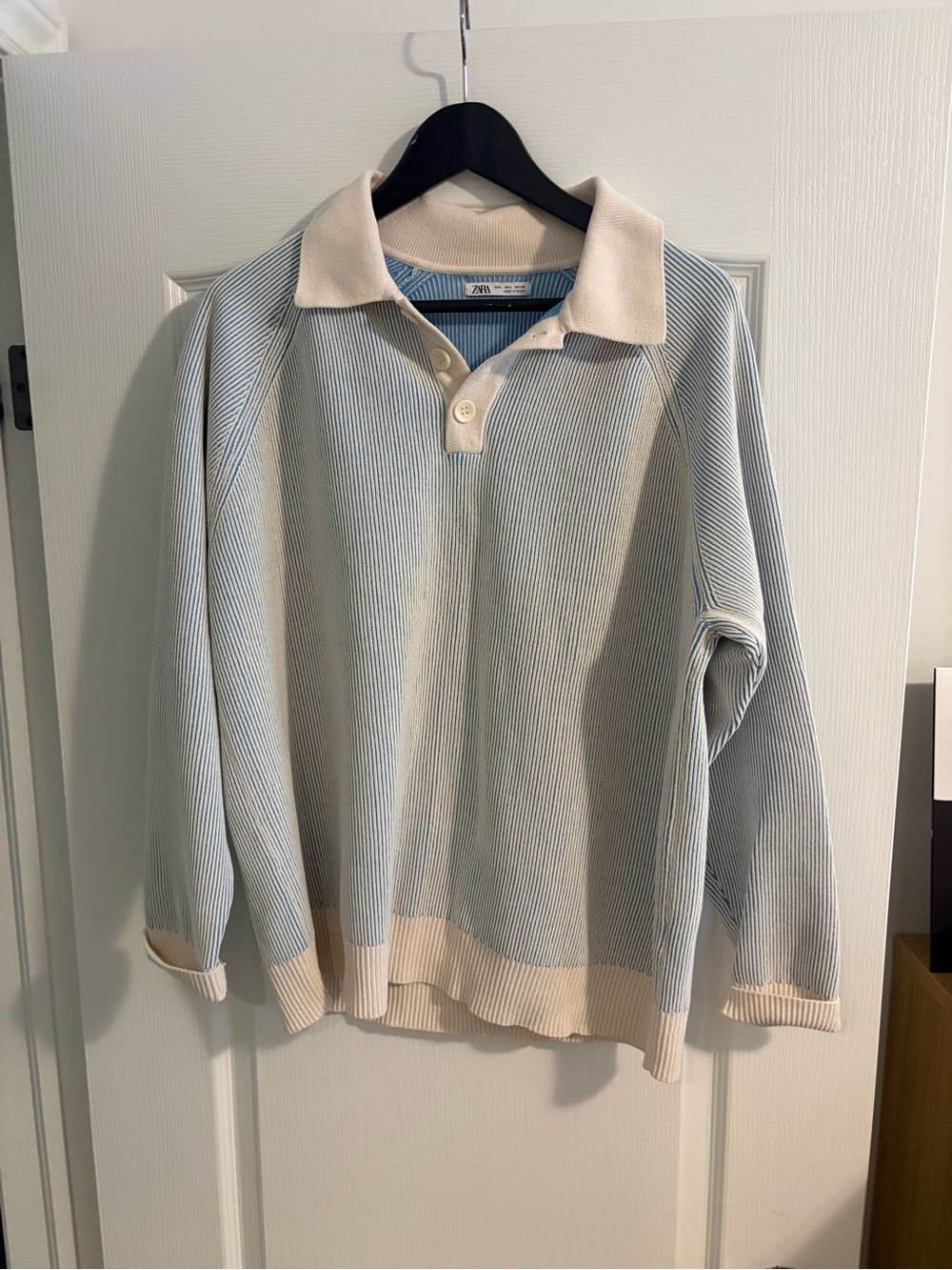 Zara Light Blue and Cream Striped Knit Polo